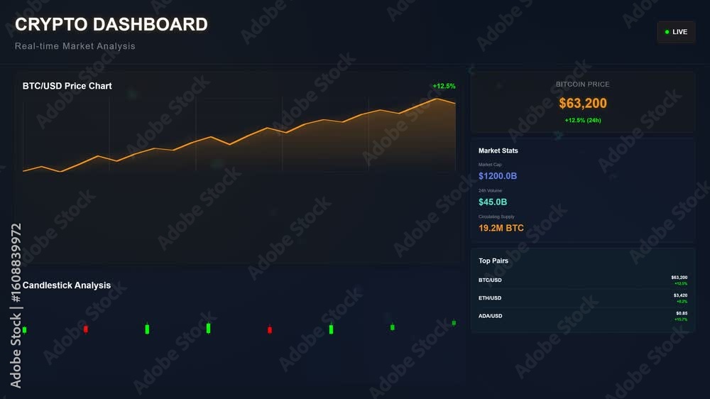 Real time cryptocurrency dashboard displaying bitcoin price charts and market data analysis