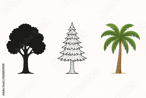 Hand-drawn illustration of three trees, one black silhouette oak, one outlined pine, and one colored palm, on a white background.