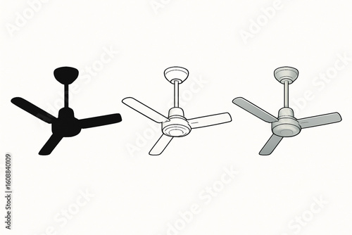 Hand-drawn illustration of three ceiling fans, one black silhouette, one outlined, and one gray with blades, on a white background.