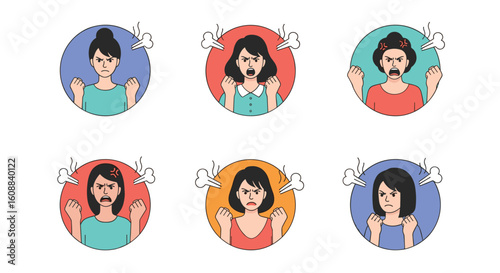 Six diverse women expressing various degrees of anger frustration and displeasure through facial expressions and body language