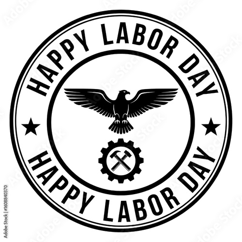 USA Labor Day Seal Badge with Eagle, Wrench and Gear Icon – Patriotic Industrial Vector on White Background. Happy Labor Day Vector Design For T Shirt, Social Poster, Banner. 