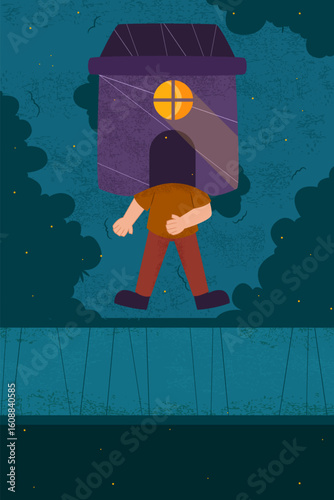 A person walks under the weight of a house on their head, representing the emotional and financial strain of housing problems.