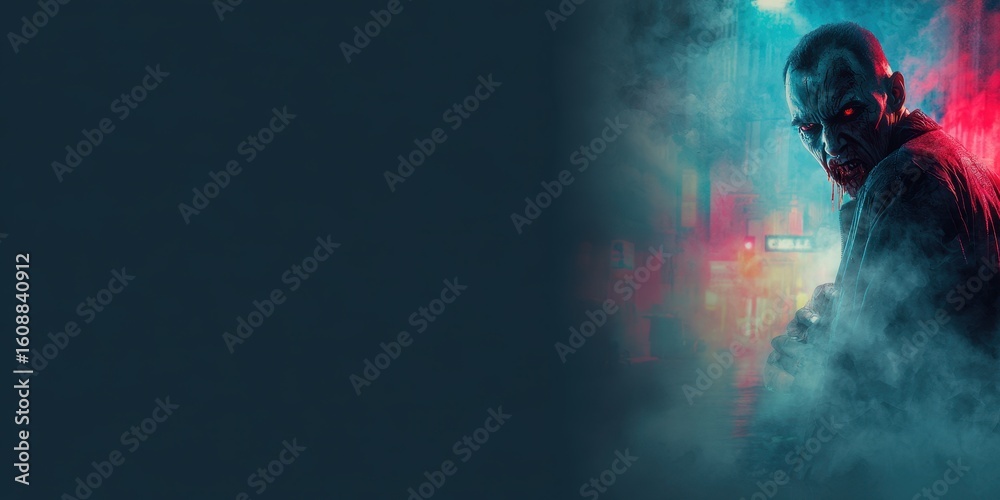 Naklejka premium Cyberpunk character looking towards the camera in a smoky environment