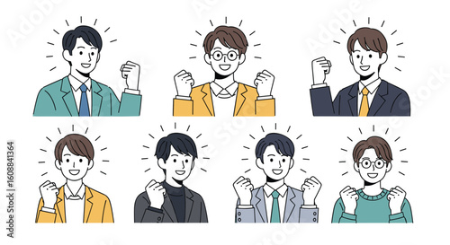A collection of diverse young men displaying determination and confidence with their fists raised