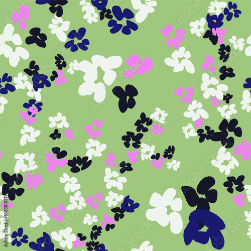 Floral colorful seamless pattern with abstract different flowers. Vector green background, design, print