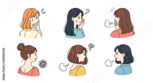 Six women expressing frustration and anger with exasperated expressions and visible breath