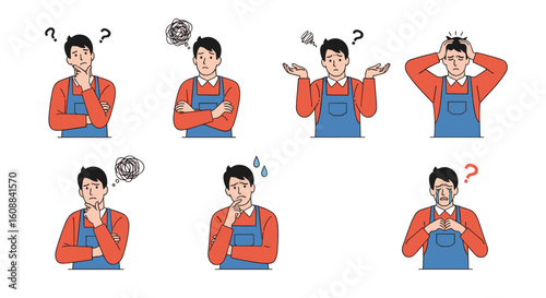 A worker grappling with difficult decisions and expressing various stages of confusion and frustration through distinct body language