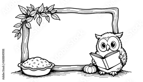 Thanksgiving frame with owl reading recipe book by pie, kids coloring activity