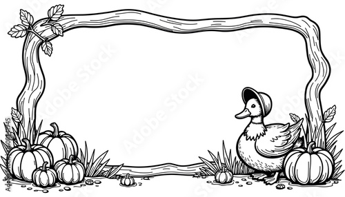 Thanksgiving frame with duck in bonnet near harvest table – festive coloring book design