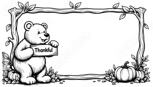 Thanksgiving bear holding thankful sign – Cute coloring frame for kids