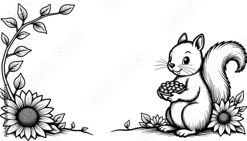 Thanksgiving frame with squirrel offering sunflower seeds – Cute kids coloring activity