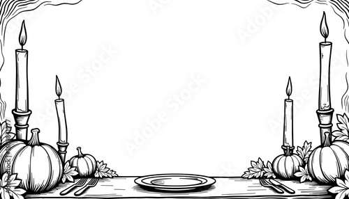 Thanksgiving frame with candlelight dinner setting, kids coloring activity