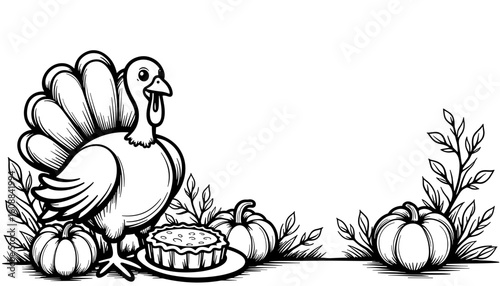 Thanksgiving turkey with pumpkin pie – Kids coloring book design, festive frame