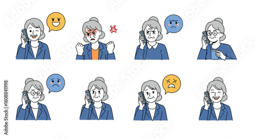 Collection of elderly woman character emotions and expressions during phone conversations depicting various communication scenarios