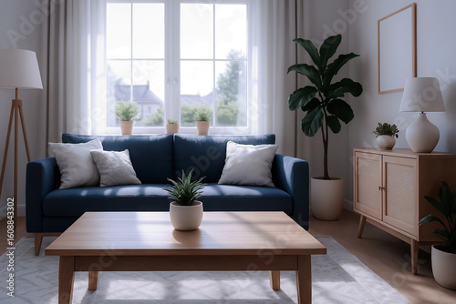 Modern Cozy Living Room with Dark Blue Sofa, Natural Light, Potted Plants, and Wooden Accents — Stylish Minimalist Interior with Scandinavian Vibe