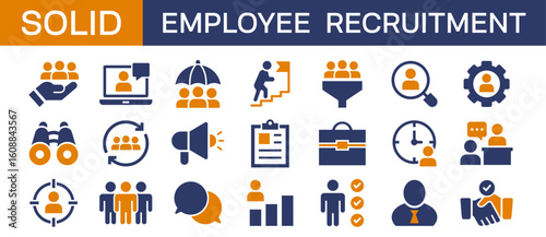 Employee branding and Head hunting solid icons set with icons of meeting, support, brief, marketing, leadership, goal, management, on white background 