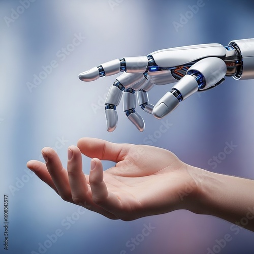 Robot hand reaching towards human hand in a futuristic technology concept.