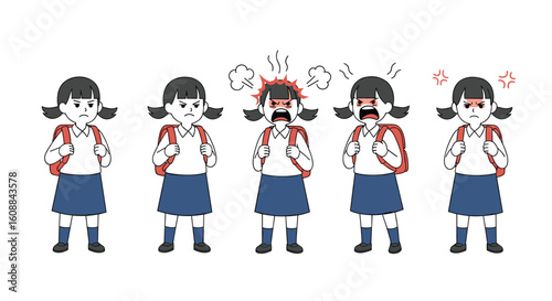 A series of pixelated schoolgirls expressing a range of emotions from sadness to intense anger