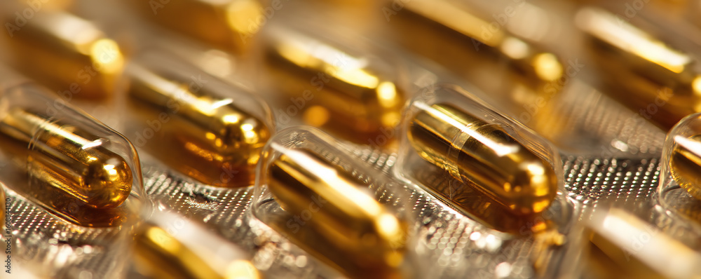 Close-up view of golden capsules arranged in a blister pack showcasing their shiny finish and detailed design Close-up view of golden capsules arranged in a blister pack showcasing their shiny finish and detailed design