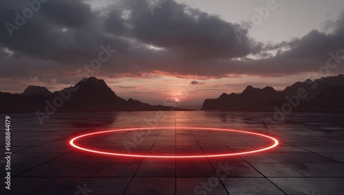 Red neon circle on a stone platform, sunset landscape