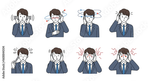 Illustrations of a businessman experiencing various levels of stress and headache symptoms