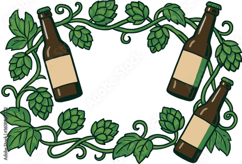 Beer Bottles Surrounded by Hops and Leaves in Decorative Border Illustration