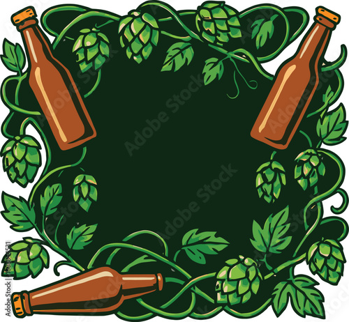 Illustrated Frame with Beer Bottles and Hop Vines on Dark Background for Craft Beer Promotions
