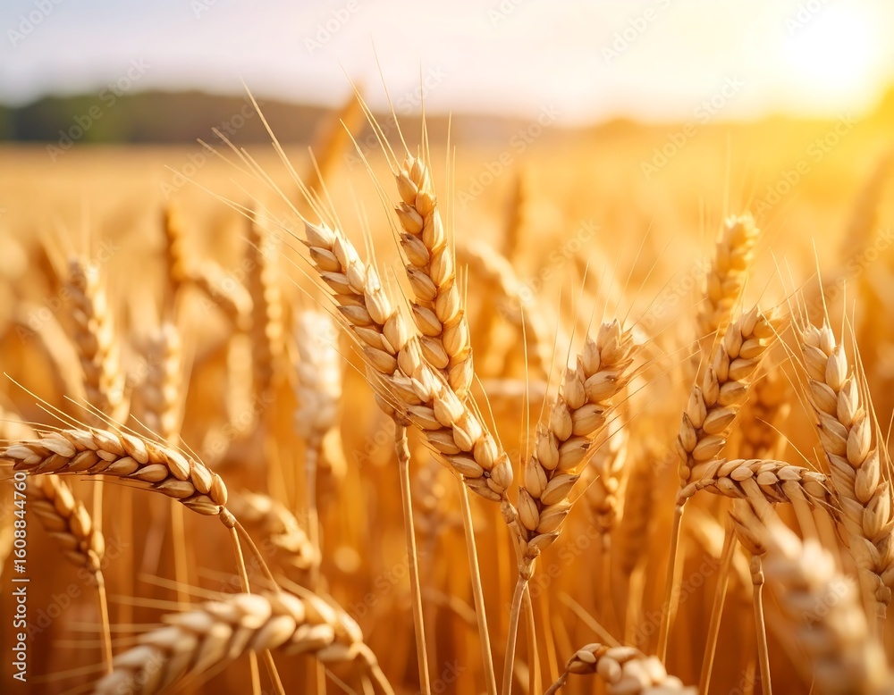 Fototapeta premium Golden Wheat Field at Sunset, Close Up Agriculture Landscape Scenery