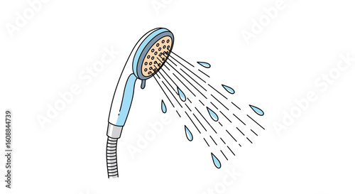A close up view of a shower head spraying water in a bathroom setting with droplets visible
