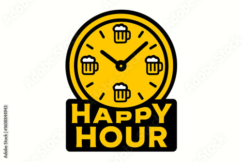 Vibrant Happy Hour Clock Design Featuring Beer Mugs on a Yellow Clock Face