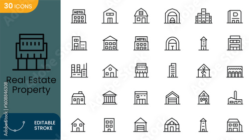 Editable Real Estate Property Icons | Minimal Line Art Building Set