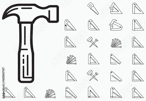 Hammer and carpentry tools nails push pins