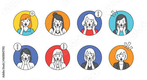 Surprised and shocked people icons featuring diverse expressions of astonishment and disbelief