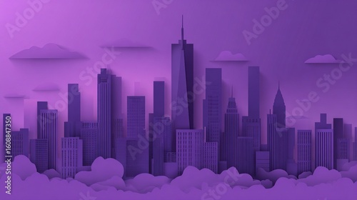 Modern paper cut style city skyline in gradient purple with layered shadow effect, minimalist flat design cityscape, abstract architecture, creative background, art silhouette, geometric shapes
