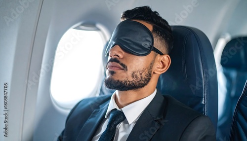 Man sleeping on airplane with eye mask