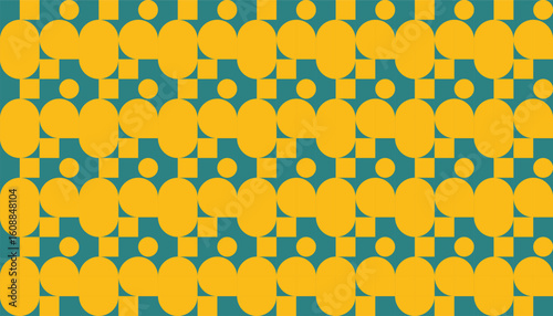 Mid-century modern pattern featuring repetitive yellow shapes in an abstract grid layout. Ideal for colorful retro prints and creative backgrounds