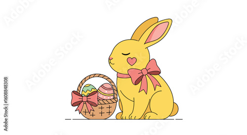 A cute yellow bunny with eyes closed wearing a pink bow beside an easter basket filled with eggs