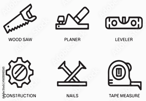 Hand saw planer leveler construction nails tape measure