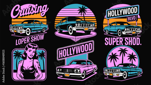 Lowrider vector art with vintage Hollywood and Miami themed car illustrations. Suitable for posters, t shirts, websites, and automotive designs.