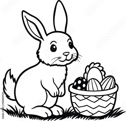 A cute easter bunny with a basket full of decorated eggs
