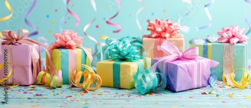 The colorful presents adorned with ribbons for a festive celebration.