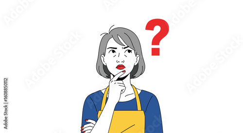 Thoughtful elderly woman with a question mark above her head considering a dilemma or problem