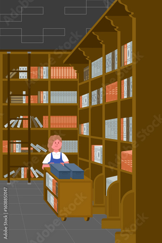Illustration of an old-fashioned library with wooden shelves, filled with books, and a staff member organizing documents.