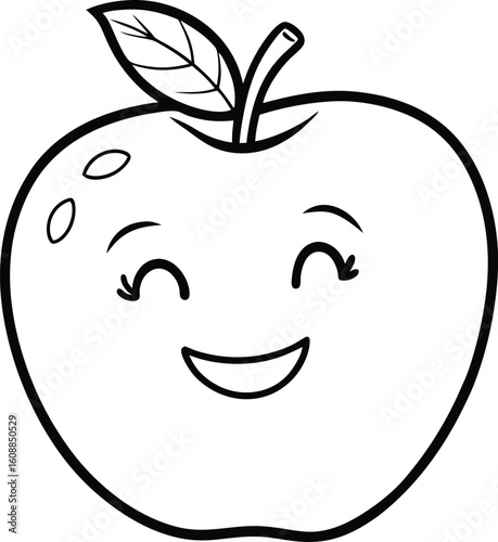 A cute cartoon apple with a smiling face is isolated on white background