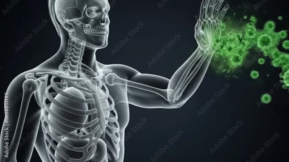 Hand and wrist bone pain highlighted with green glowing area in digital skeleton anatomy concept for medical diagnostic and orthopedic explanation

