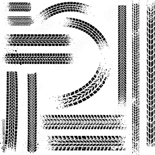 Tire tracks after skidding, starting, drifting, sliding
various tire tread patterns, including straight, curved and intermittent tracks with mud splash effect.