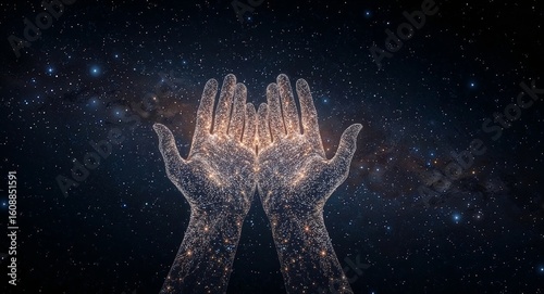 Celestial Hands. Digital Connection to the Universe, Holding Stars and Galaxy Power.