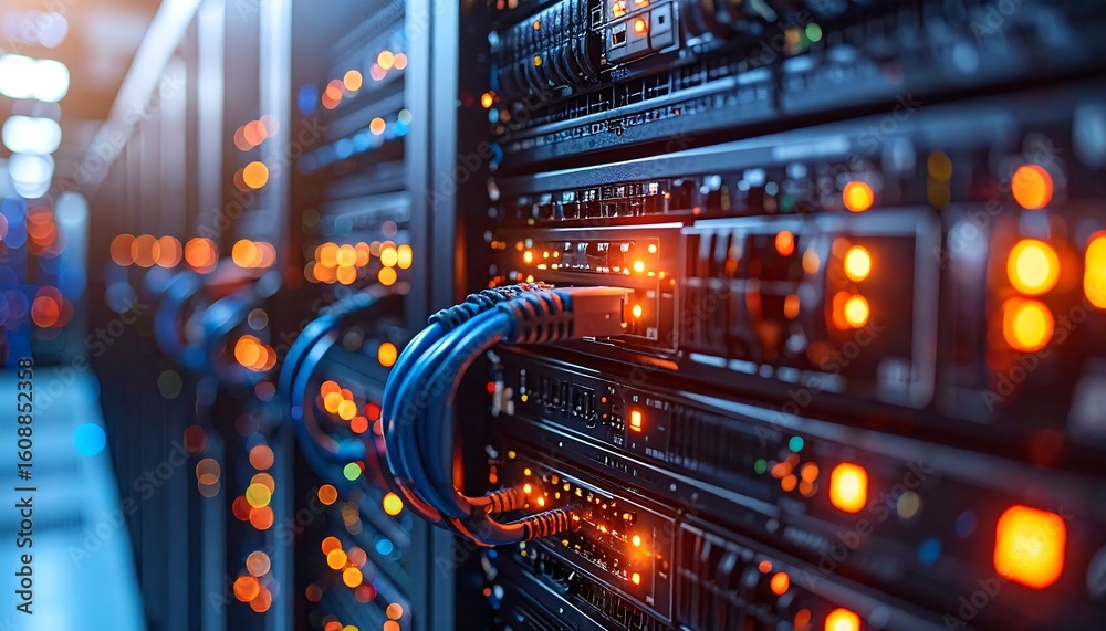Naklejka premium Modern data center servers running with glowing lights and connected cables for innovative tech solutions
