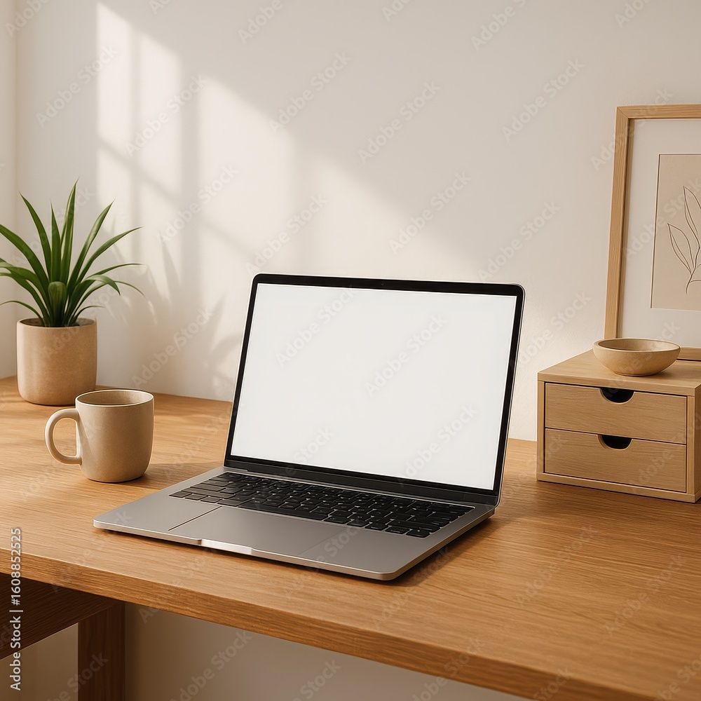 Fototapeta premium “Modern Home Workspace with Laptop, Coffee Mug, and Natural Lighting – Minimalist Desk Scene”