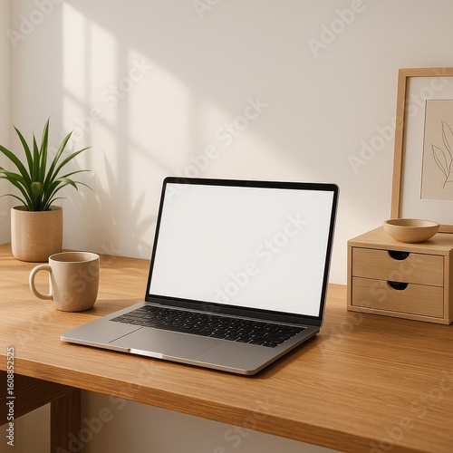 “Modern Home Workspace with Laptop, Coffee Mug, and Natural Lighting – Minimalist Desk Scene”